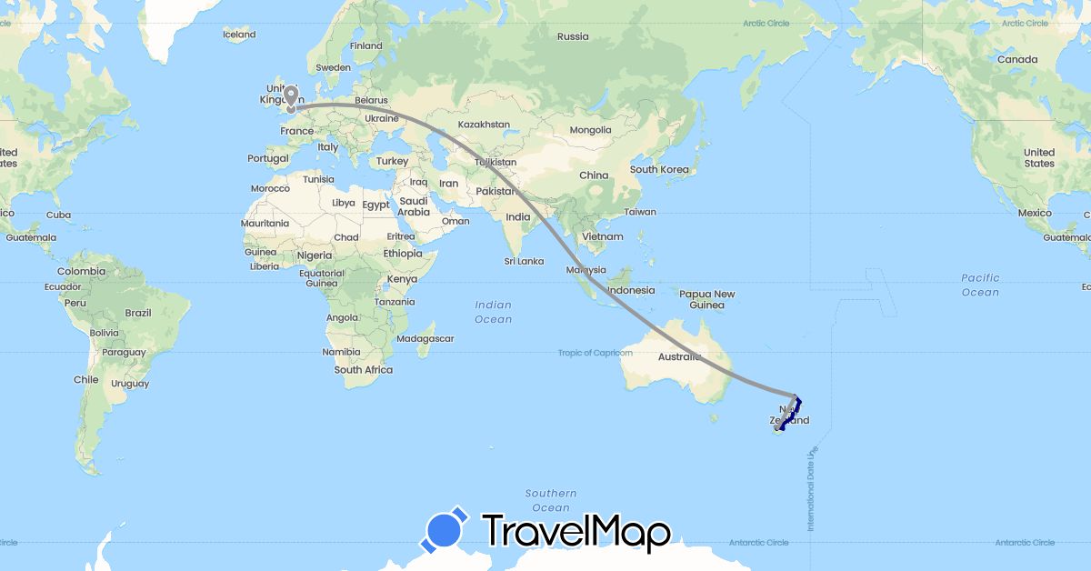 TravelMap itinerary: driving, plane in United Kingdom, New Zealand, Singapore (Asia, Europe, Oceania)